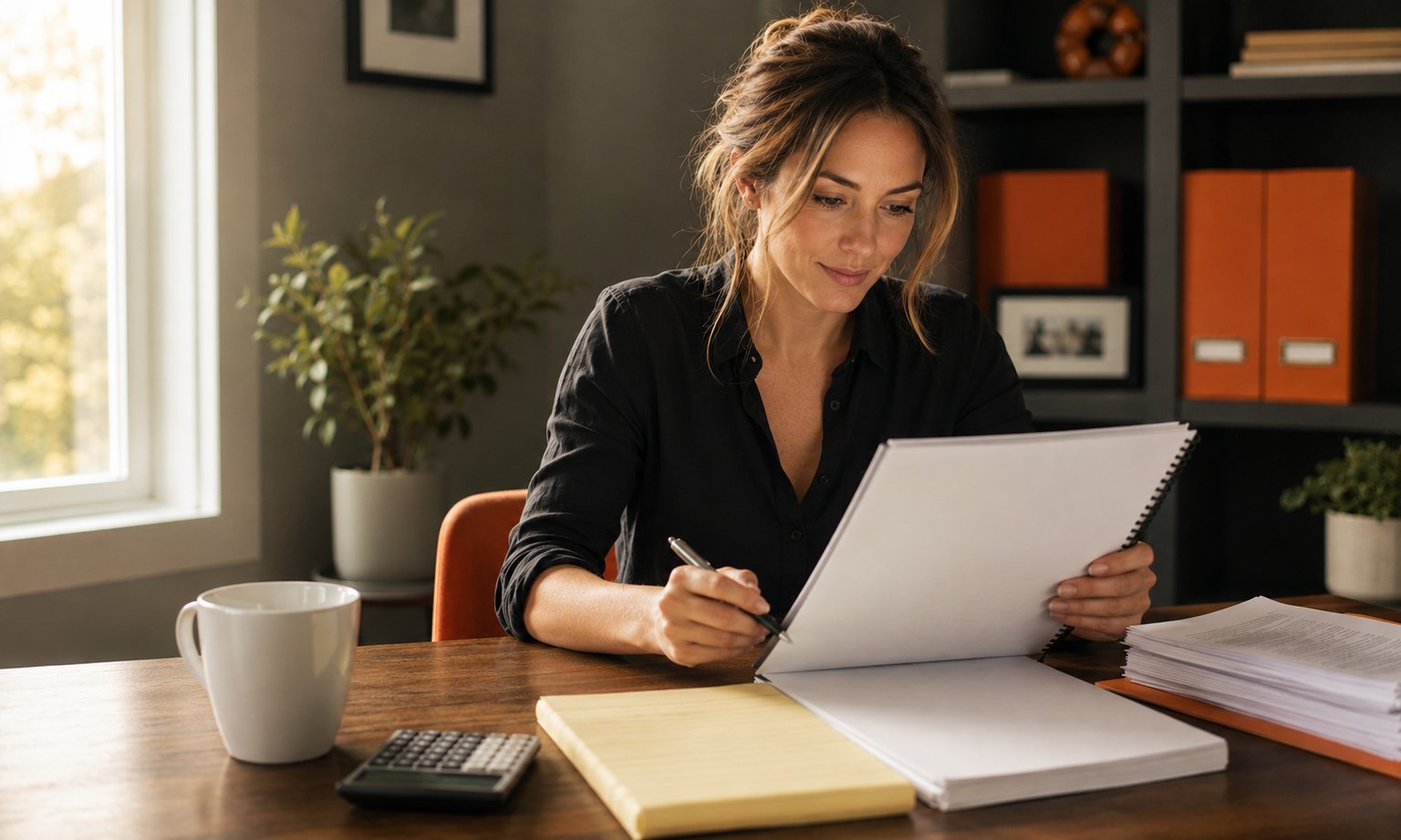 Prospective franchise owner reviewing a franchise disclosure document at a home office desk