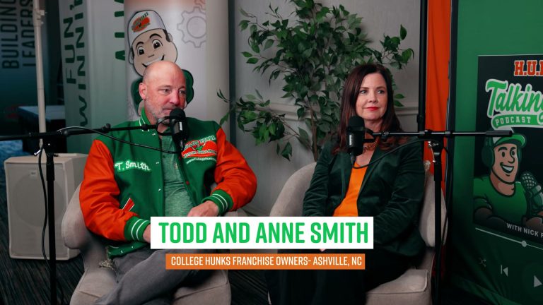 Todd and Anne Smith, College HUNKS Hauling Junk and Moving franchise owners in Asheville, North Carolina, seated with microphones during their Hunks Talking Junk podcast interview